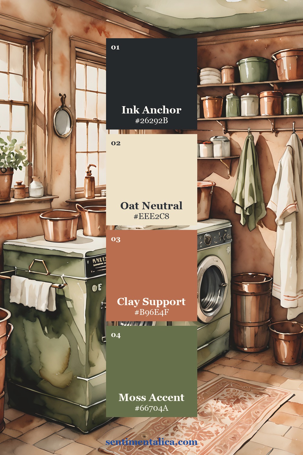 Four-color journal palette with ink, oat, clay, and moss swatches over a warm illustrated interior
