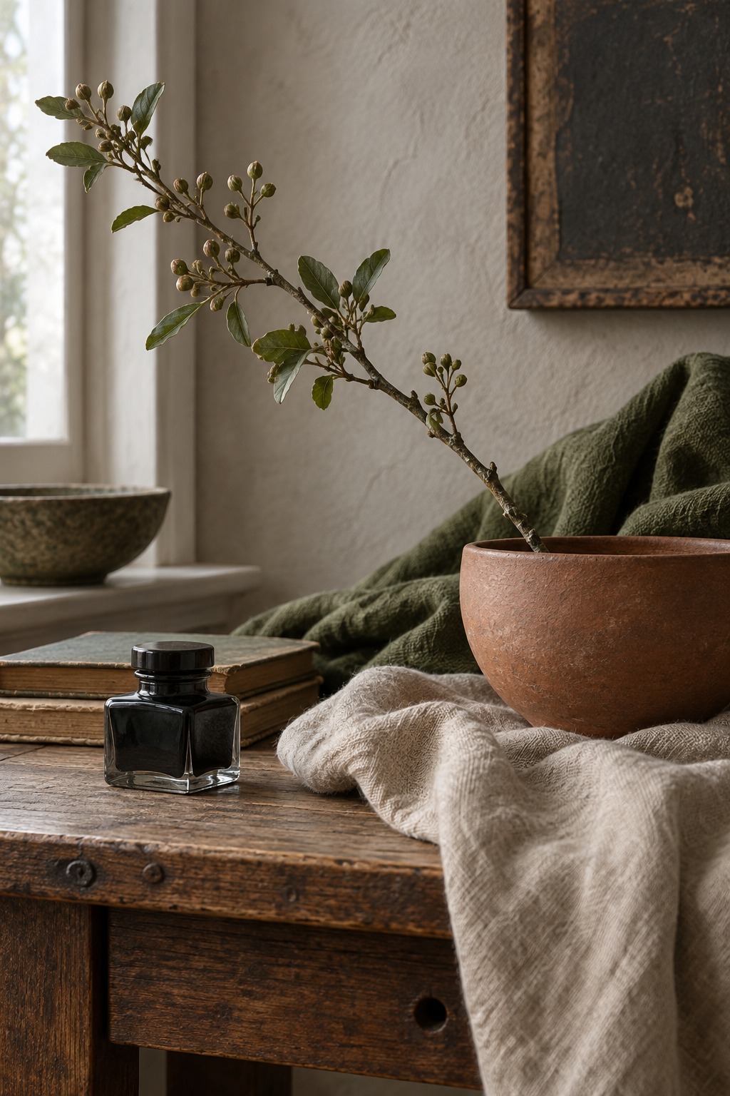 Calm studio corner with charcoal ink, oat linen, clay pottery, moss green textiles, and natural daylight