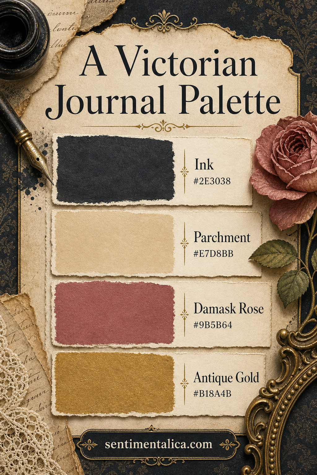 Victorian journal palette with Ink Parchment Damask Rose and Antique Gold