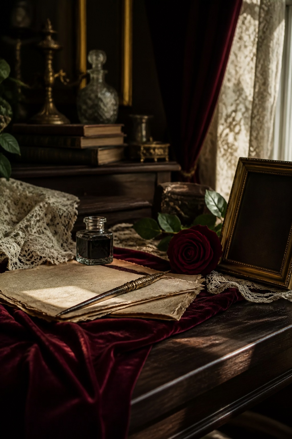 Victorian writing room with velvet lace ink brass and rose