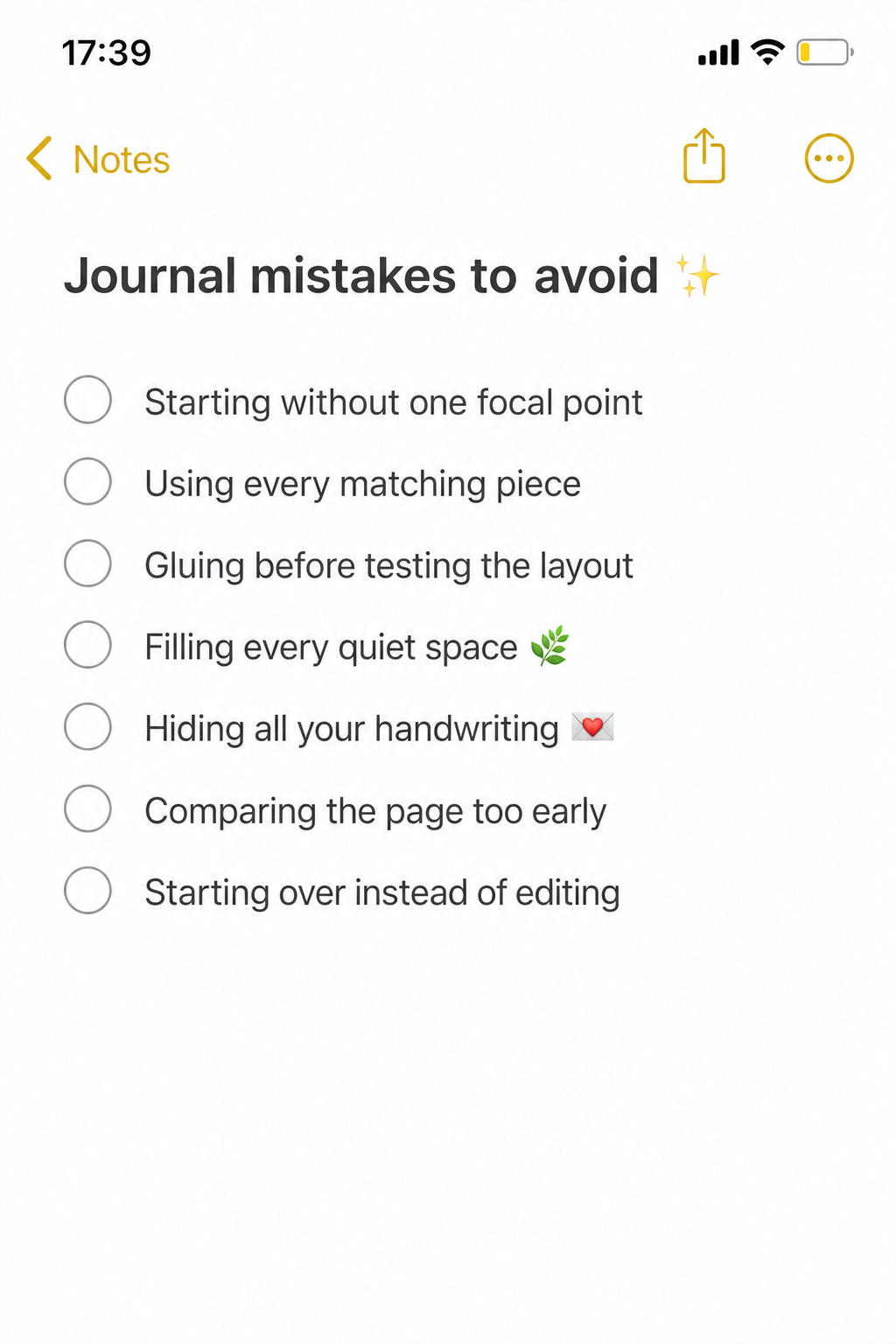Cute iPhone Notes checklist of seven journal mistakes to avoid