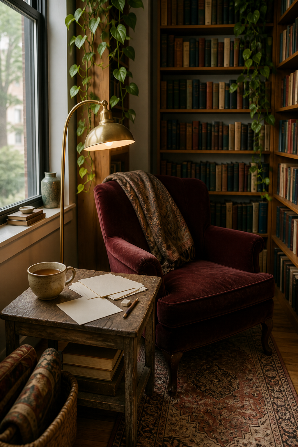 Quiet library nook with loose paper, pencil, eraser, tea, and room to pause before editing