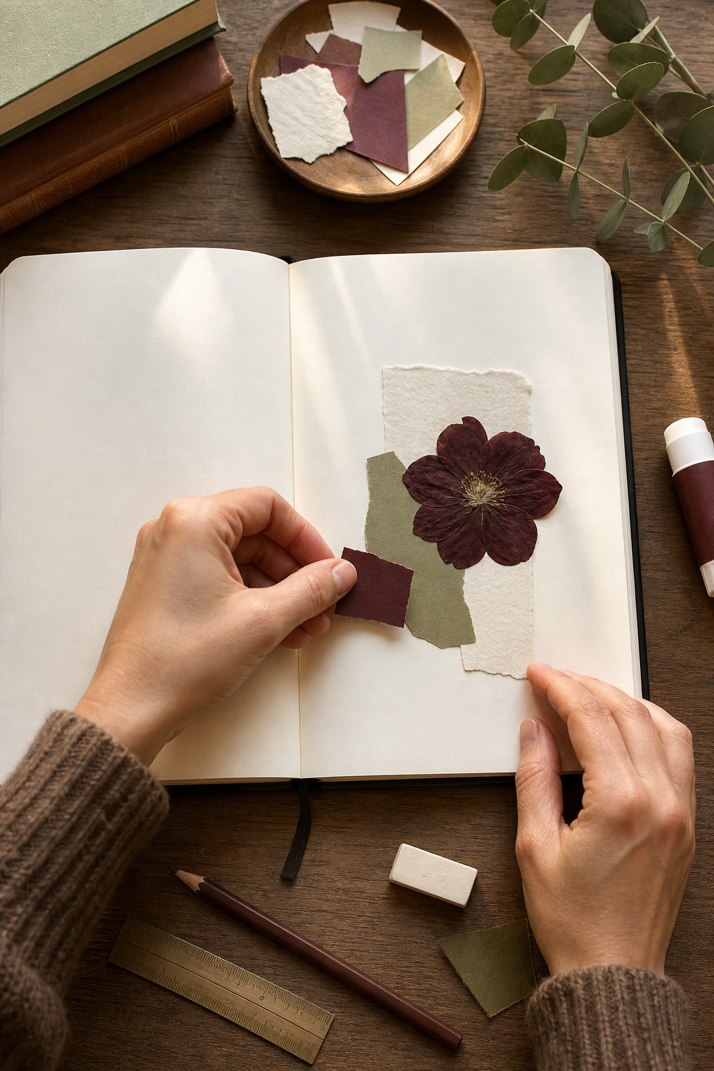 Hands testing a botanical journal layout while the glue remains capped