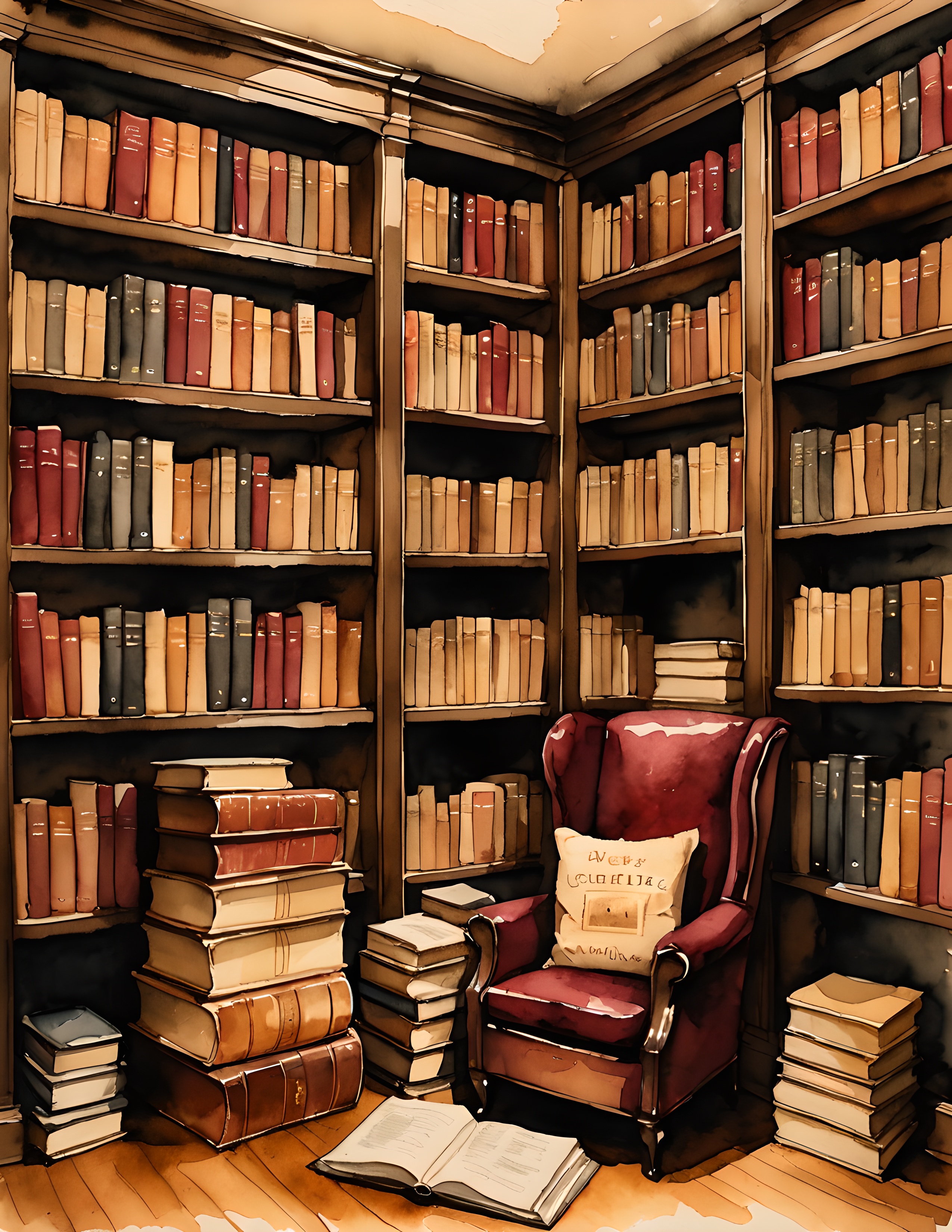 Real Book Lover printable page with a warm library and red reading chair