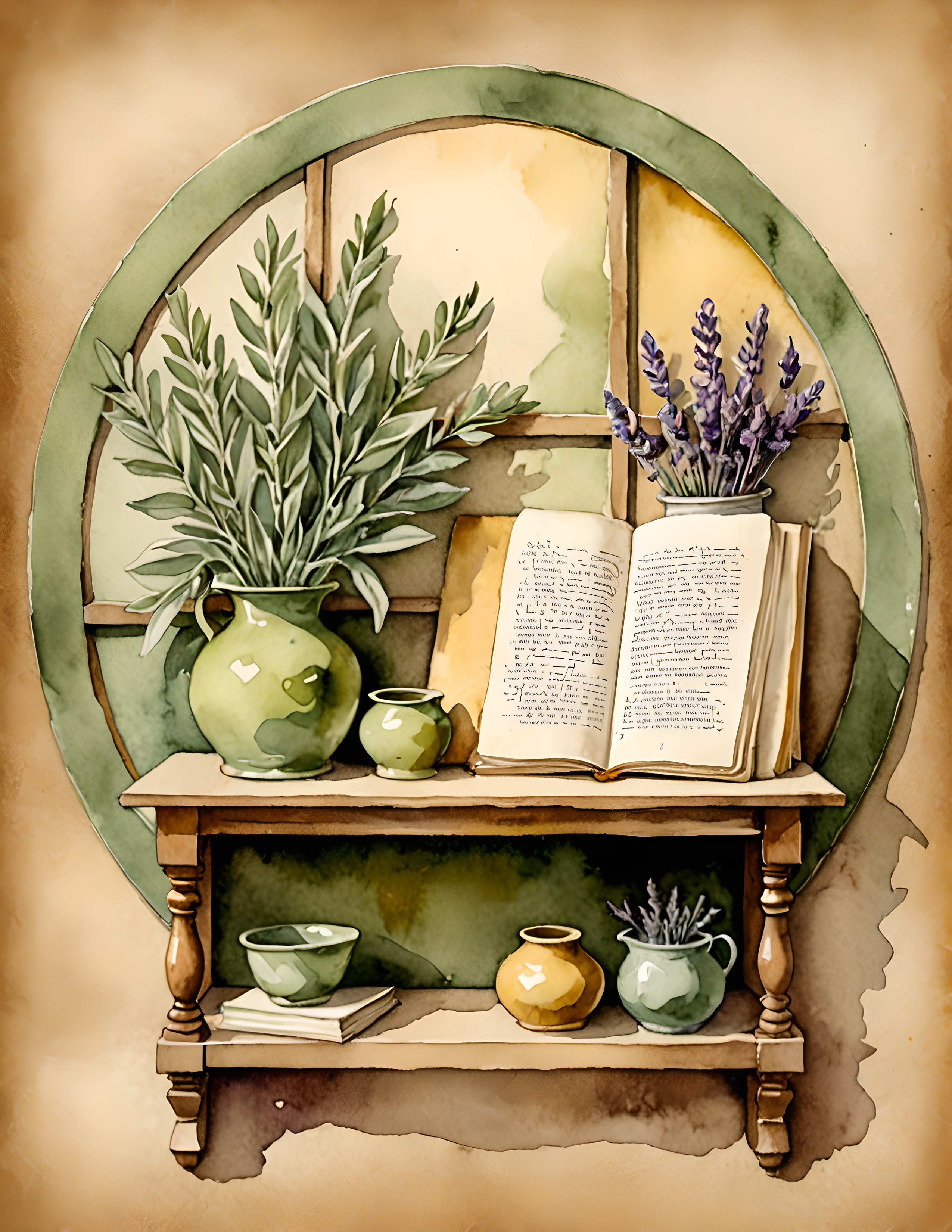 Real Apothecary Leaf printable page with herbs, books, lavender, and green shelving