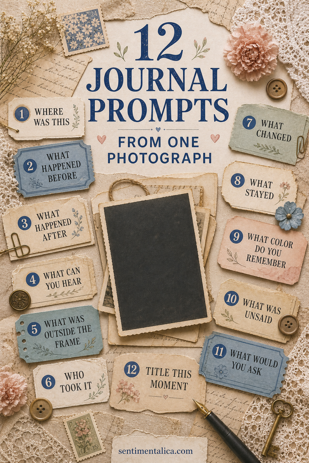 Twelve creative journal prompts arranged around one vintage photograph