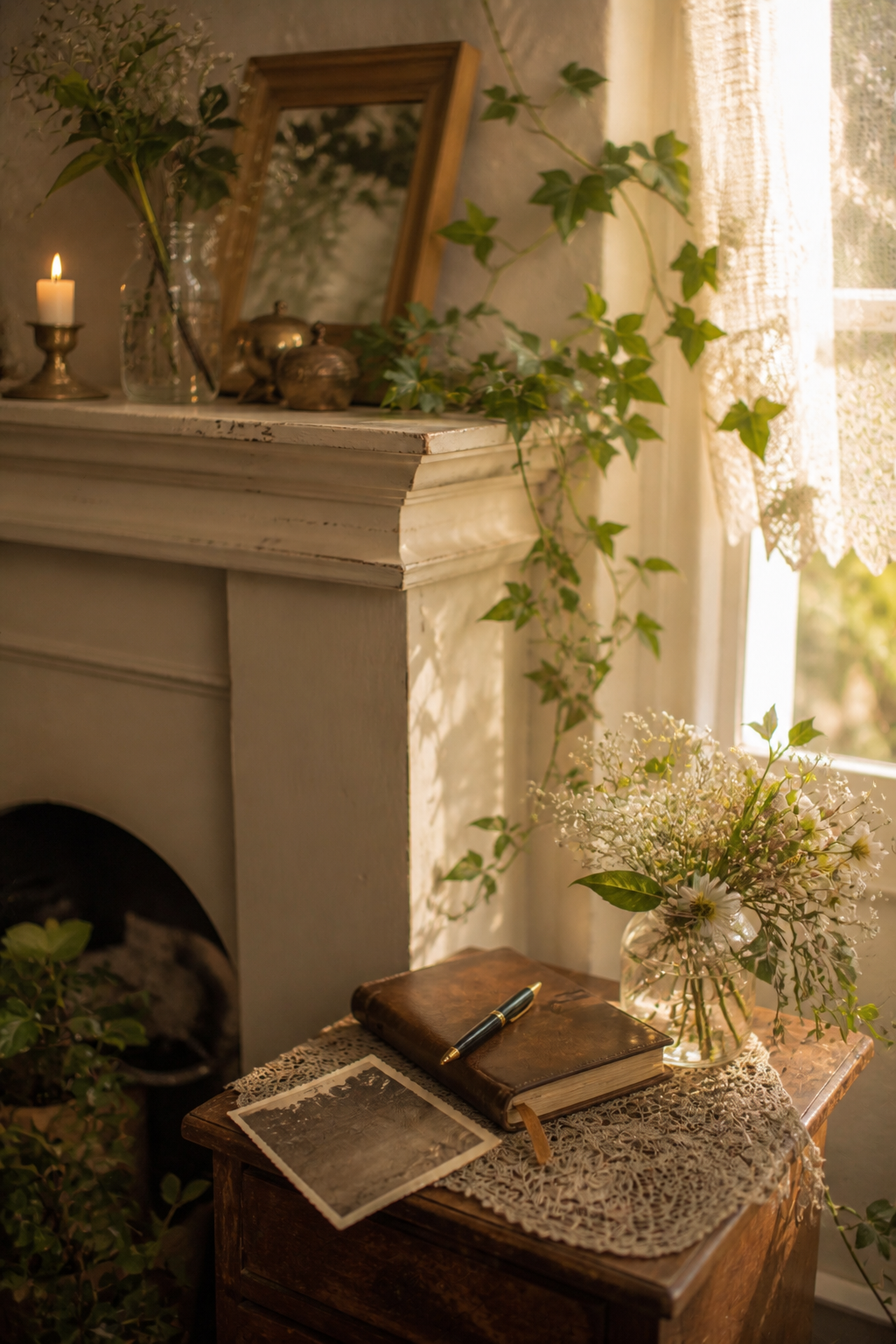 Vintage photograph beside a closed journal and fountain pen in a quiet sunlit room