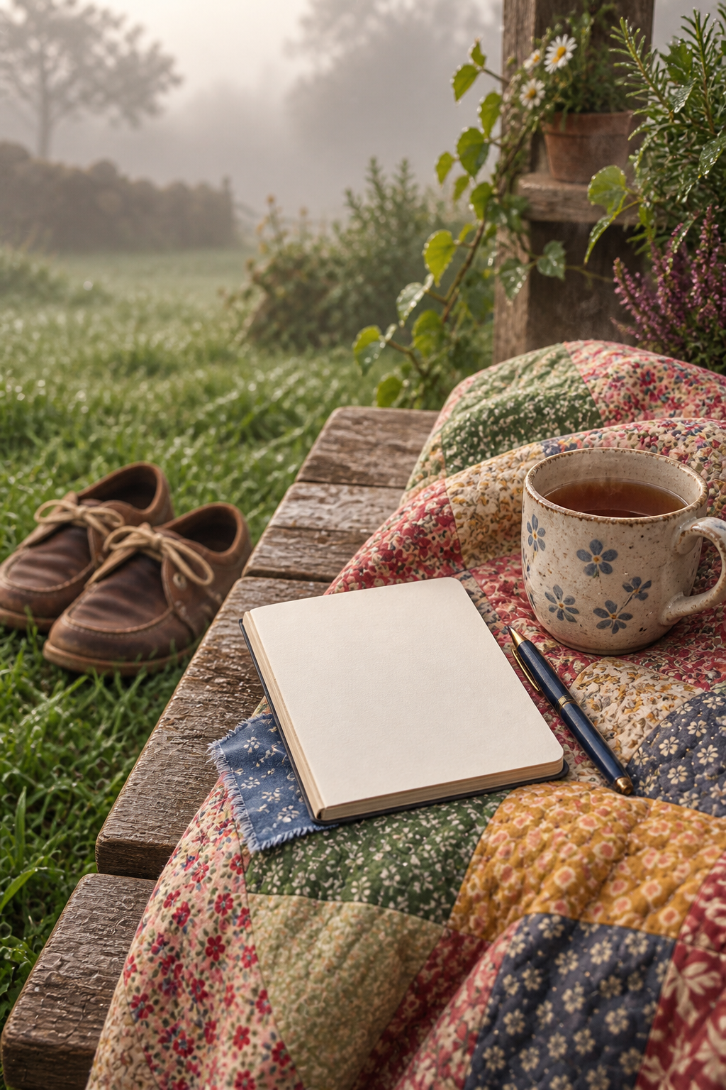 A quiet misty morning writing place with tea, one notebook and a single blue scrap