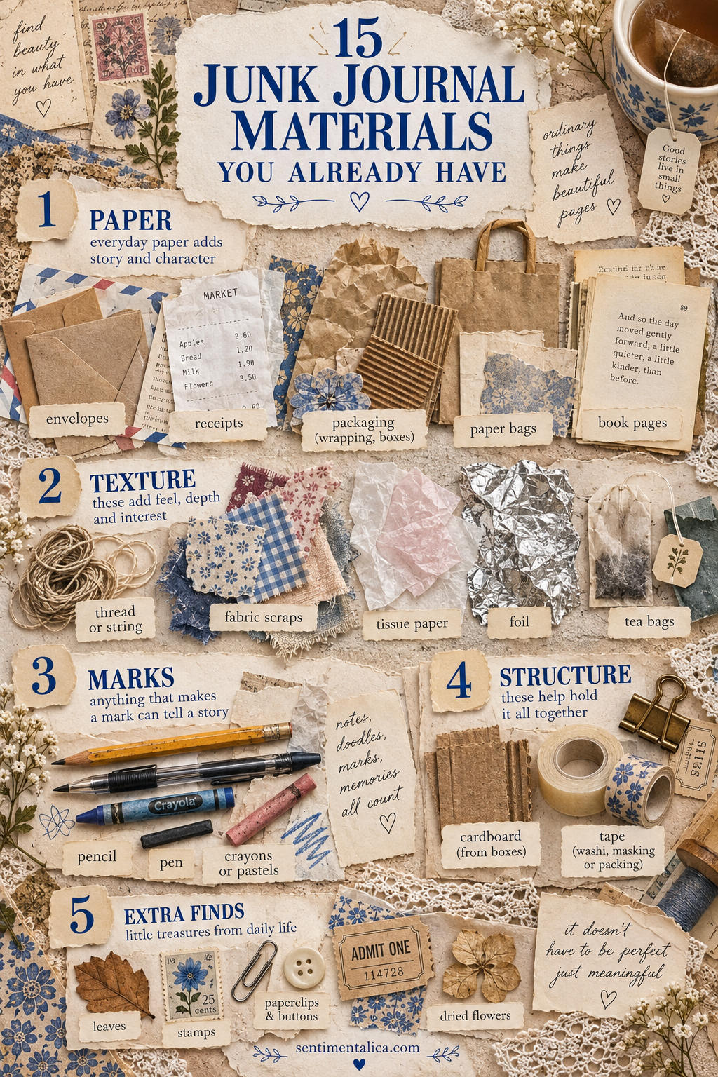 Fifteen household junk journal materials arranged by purpose