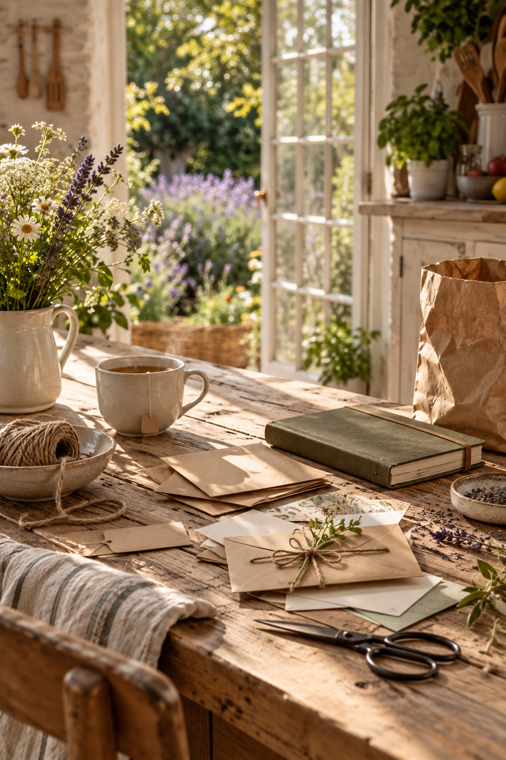 A warm kitchen craft table with envelopes, paper bags, string and a closed journal