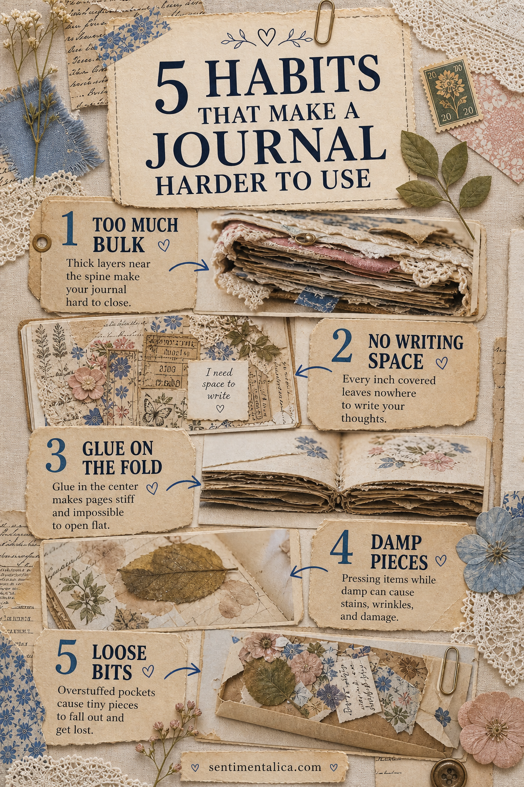 Five junk journal habits that make pages harder to use, shown as a paper collage guide