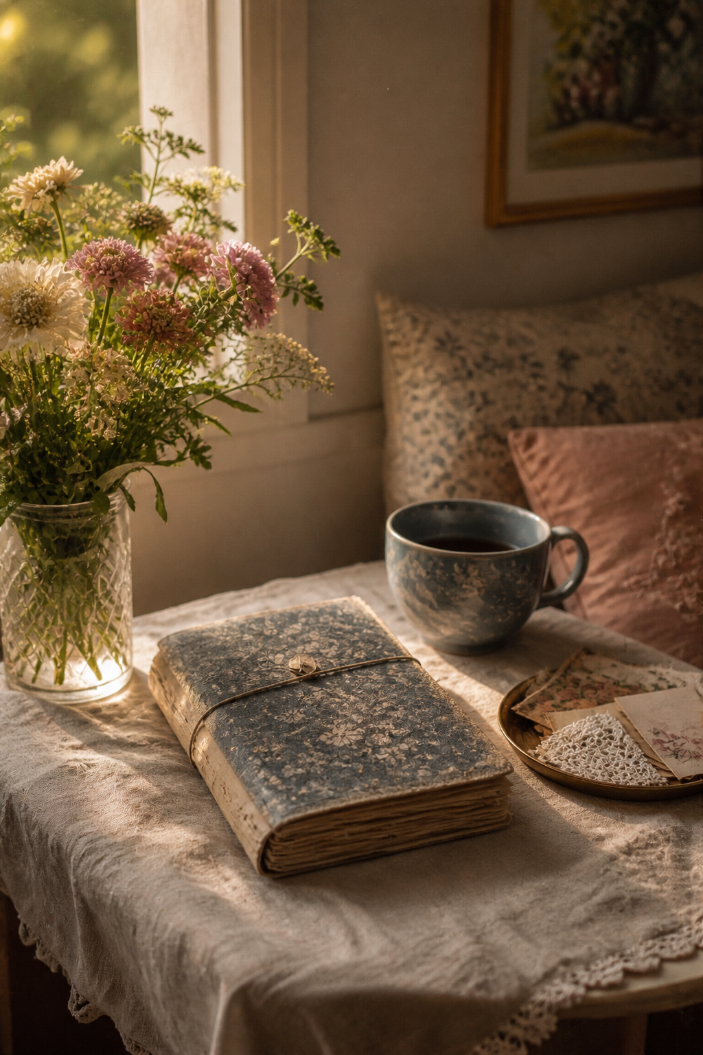 Closed handmade journal beside a blue cup and an orderly tray of paper scraps in warm window light