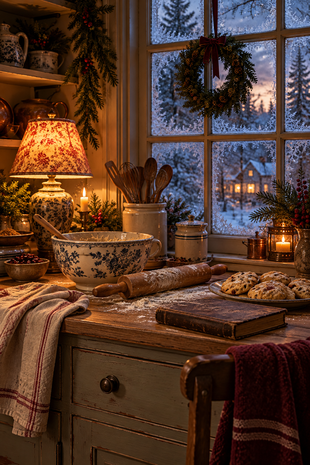 Christmas baking ingredients and a rolling pin on a cottage kitchen counter beside a winter window