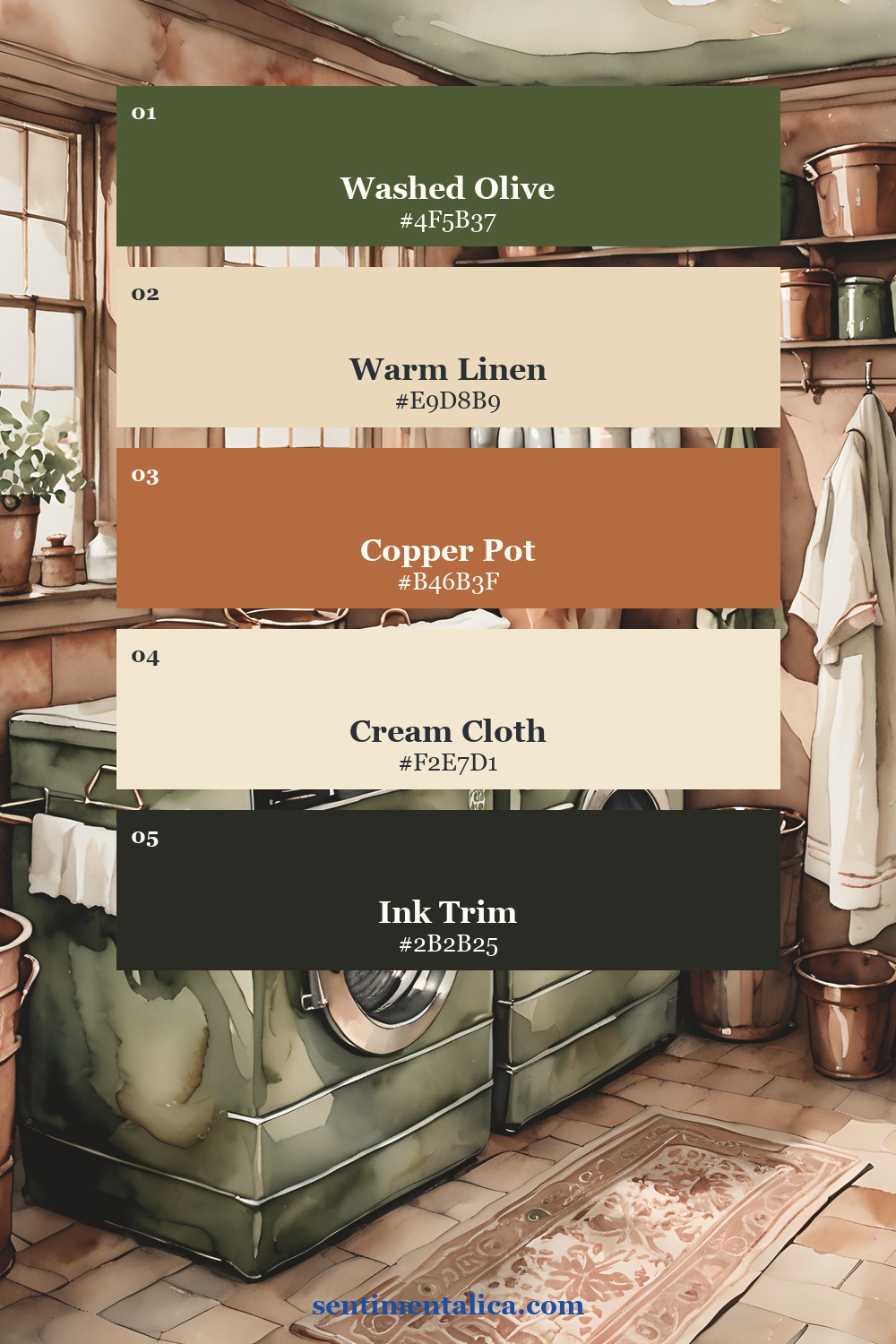 Ledger Textile palette with washed olive warm linen copper pot cream cloth and ink trim