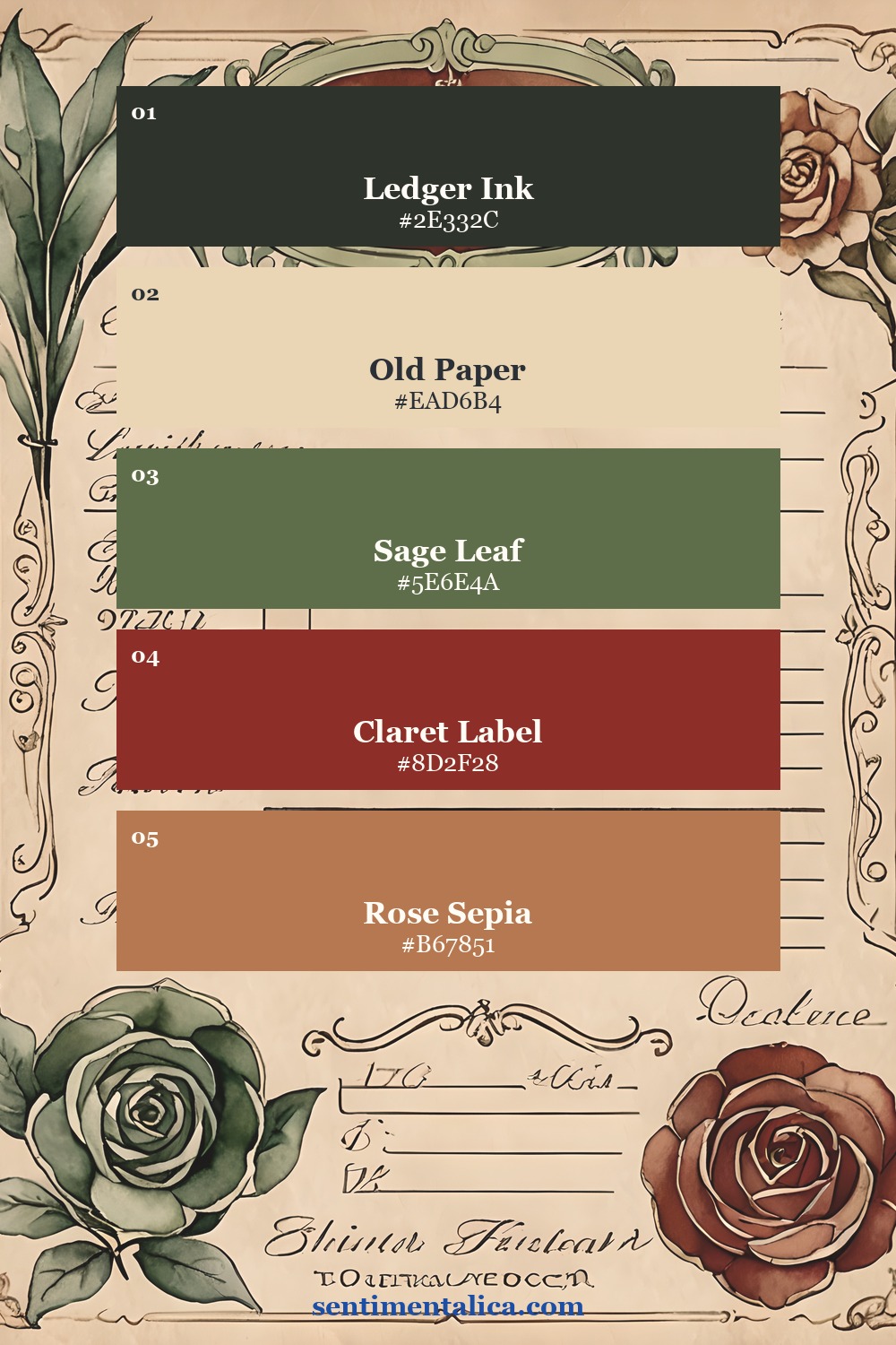 Ledger Textile palette with ledger ink old paper sage leaf claret label and rose sepia