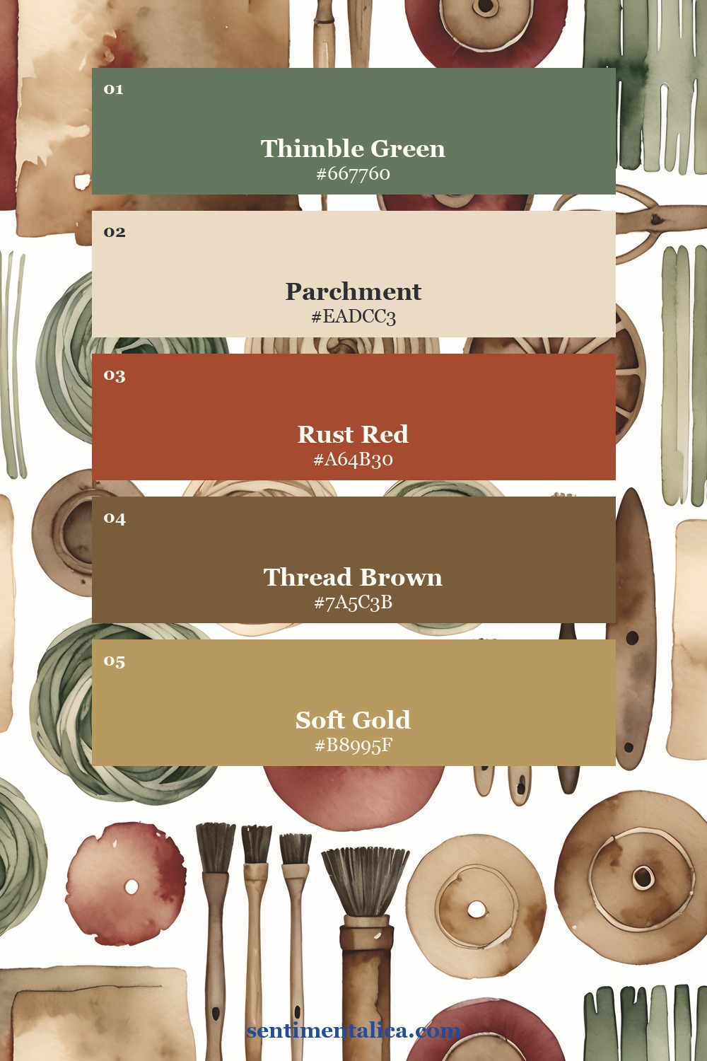 Ledger Textile palette with thimble green parchment rust red thread brown and soft gold