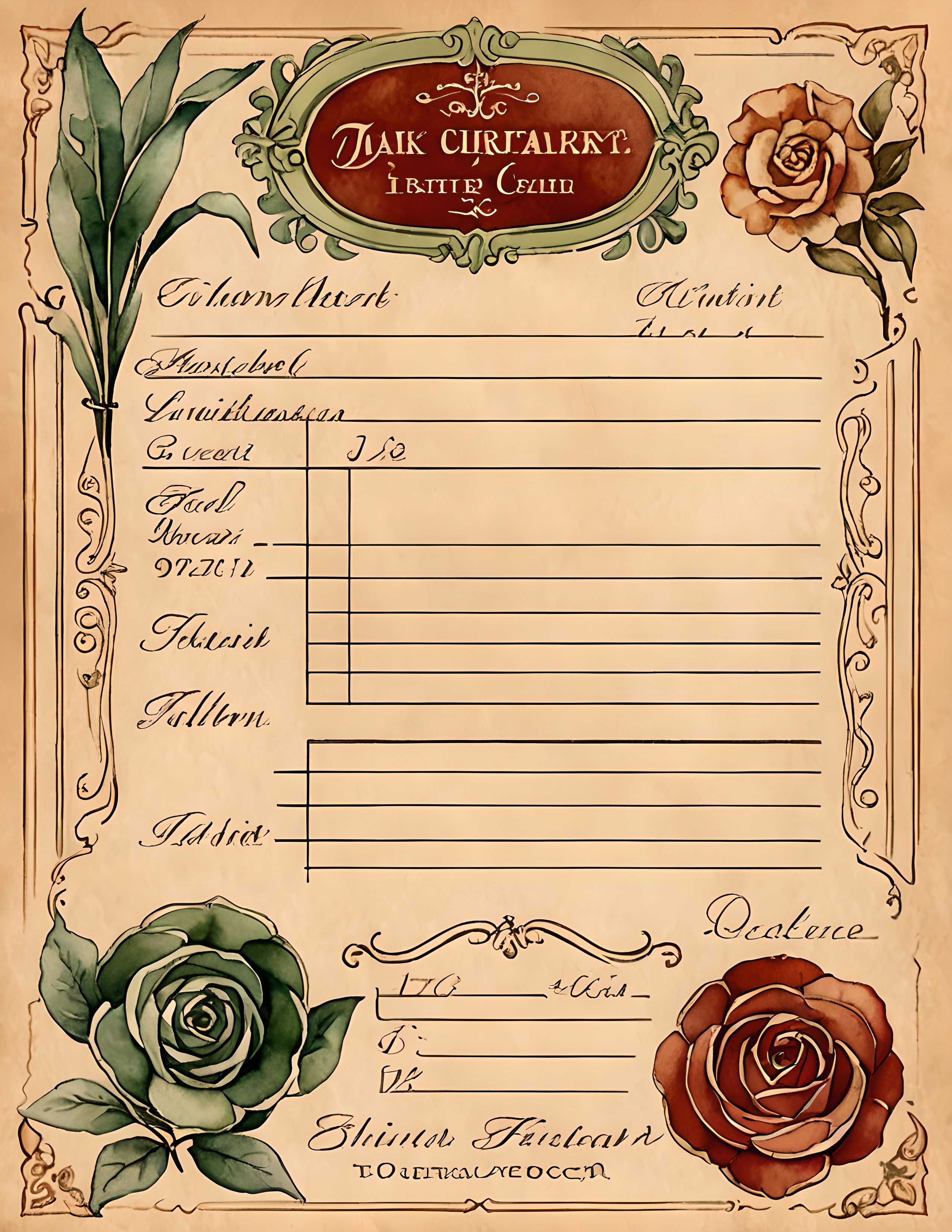 Ledger Textile printable ledger page with claret roses and green leaves