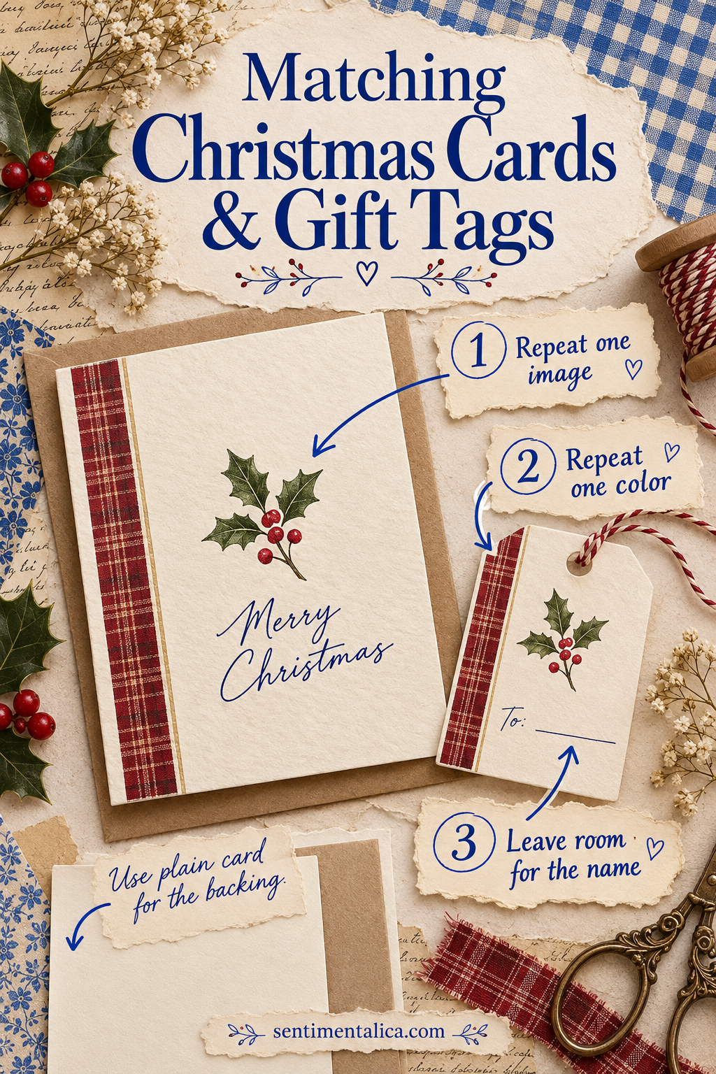 Matching Christmas gift tag guide showing a plain writing area, repeated paper accent, and attachment choices