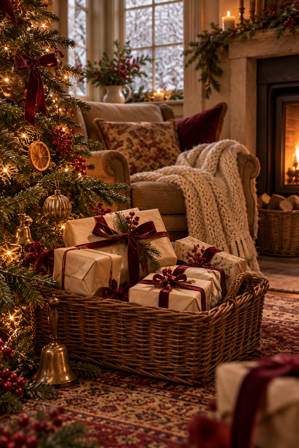 Wrapped Christmas gifts in a basket beside a decorated tree and a warm reading chair