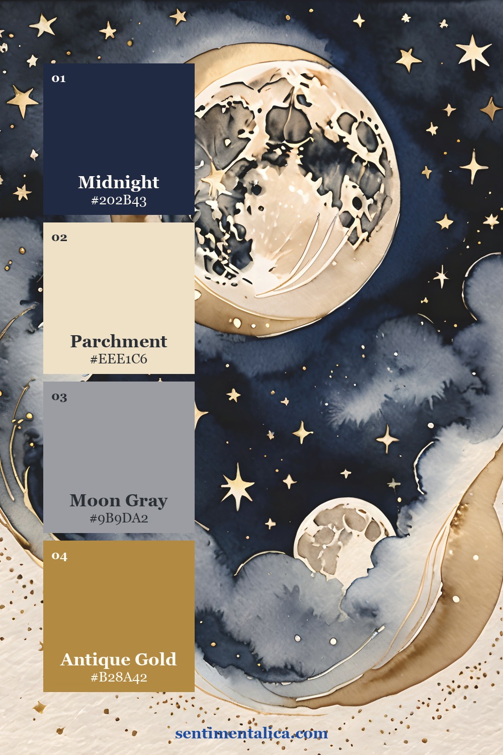 Labeled four-color palette for midnight, parchment, moon gray and gold for new-year pages
