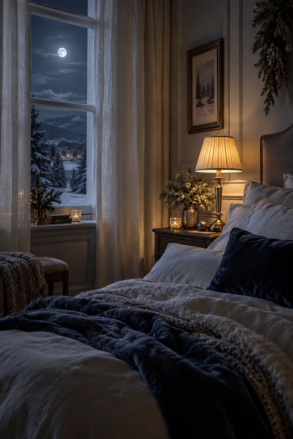 Elegant winter bedroom in midnight blue, parchment, moon gray, and warm gold under a full moon.