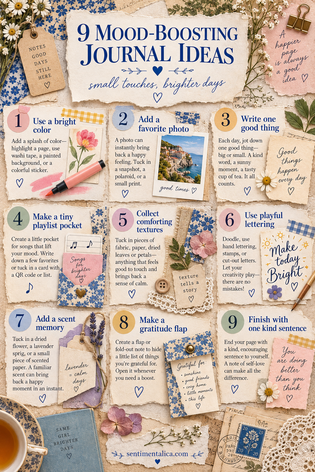Nine mood-boosting junk journal ideas shown as tactile paper projects