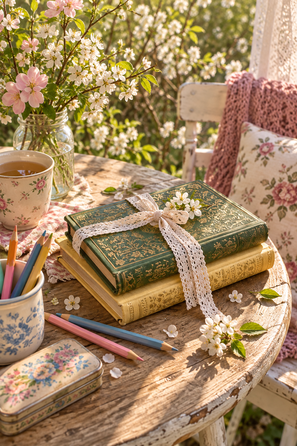 A sunlit floral reading nook with colored pencils and journals