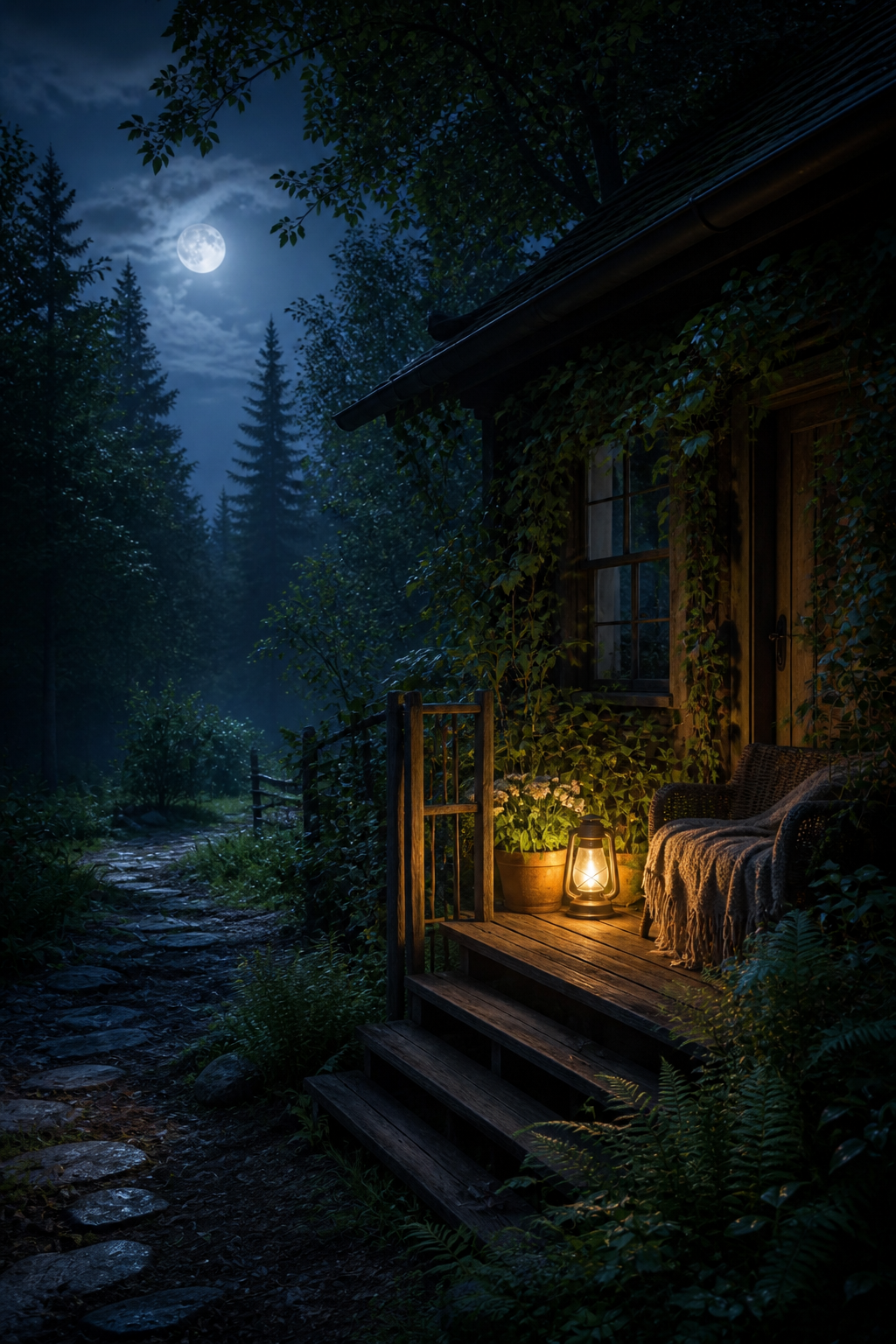 Moonlit forest cottage porch with ferns, a warm lantern, and a dark woodland path