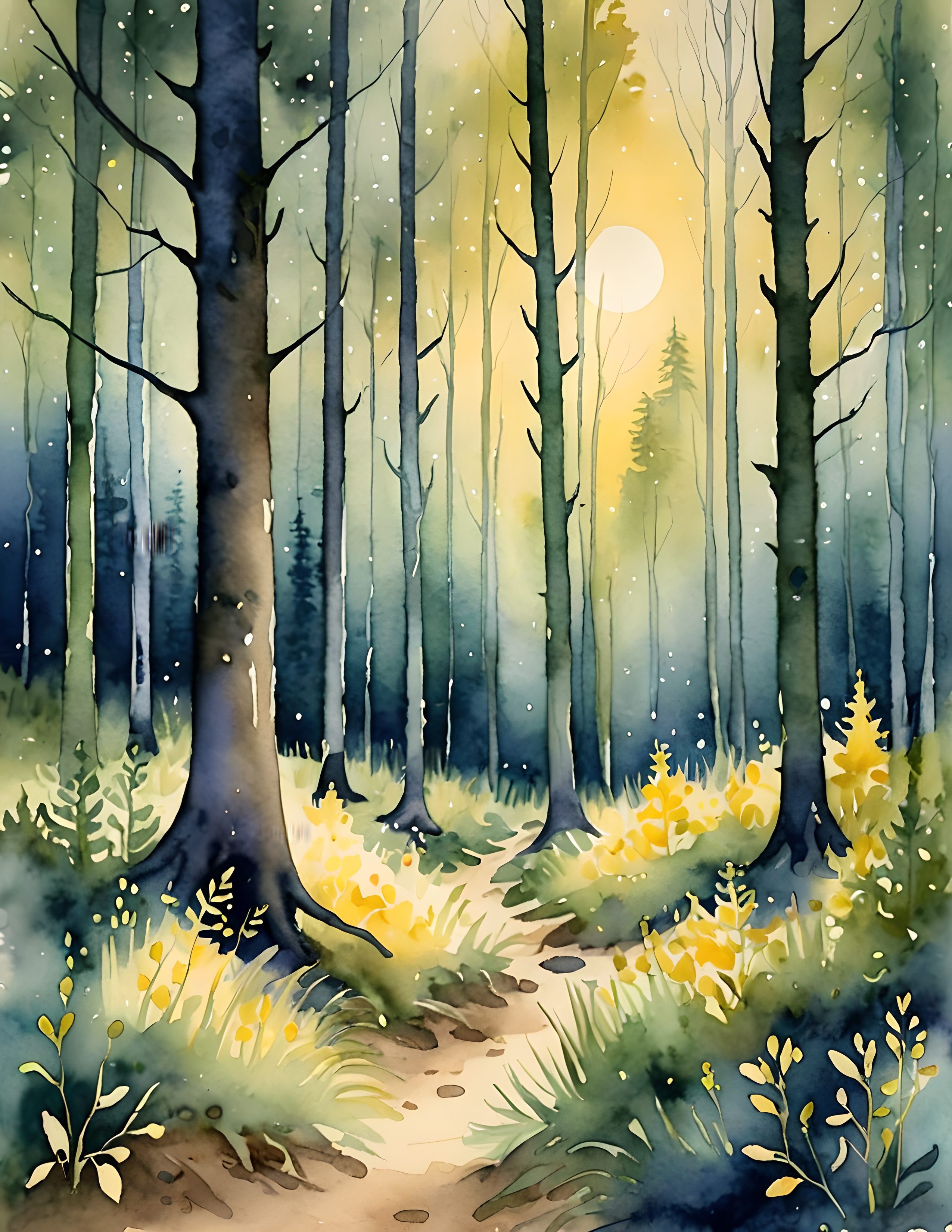 Moon Forest watercolor customer page with a luminous woodland path