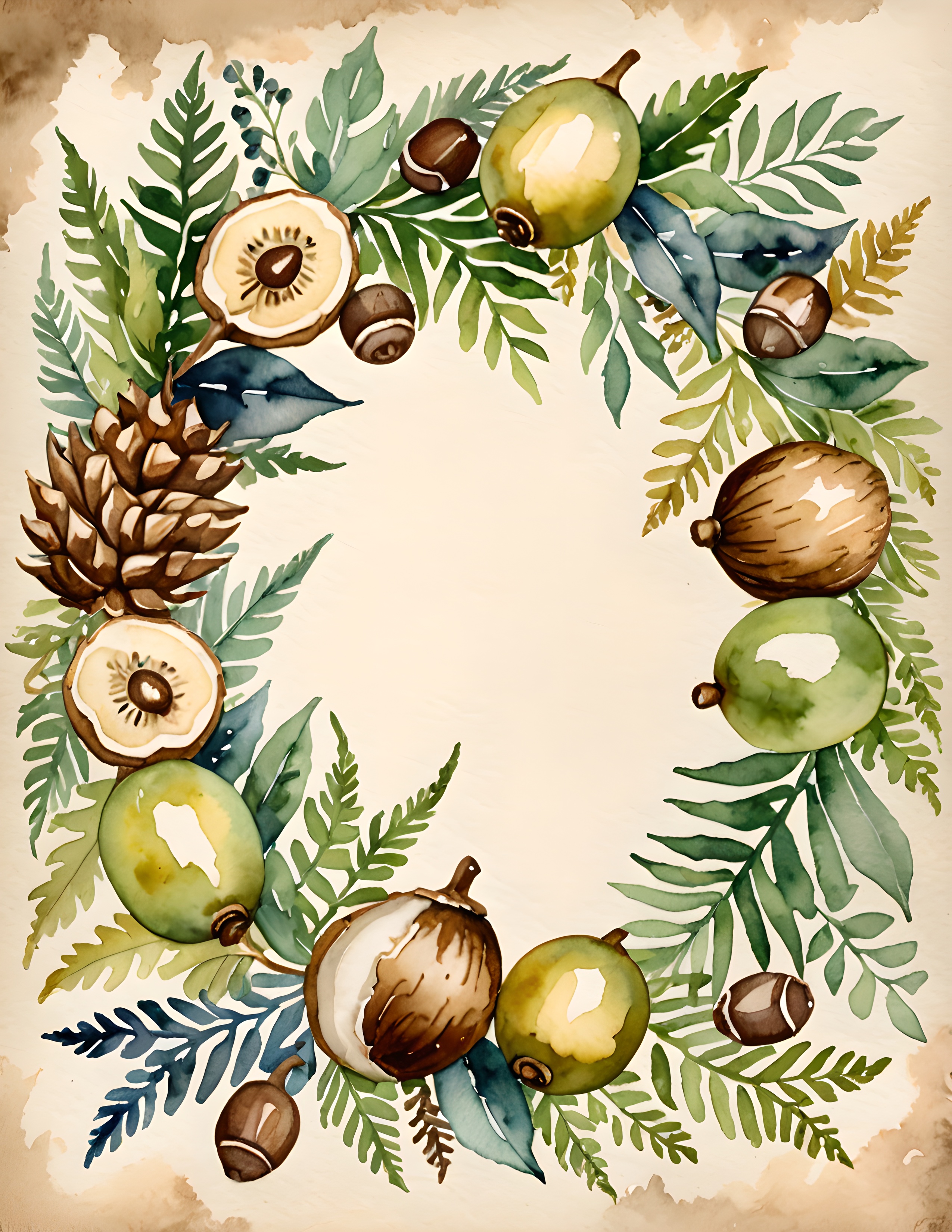 Moon Forest customer page with acorns, ferns, and a pale writing center