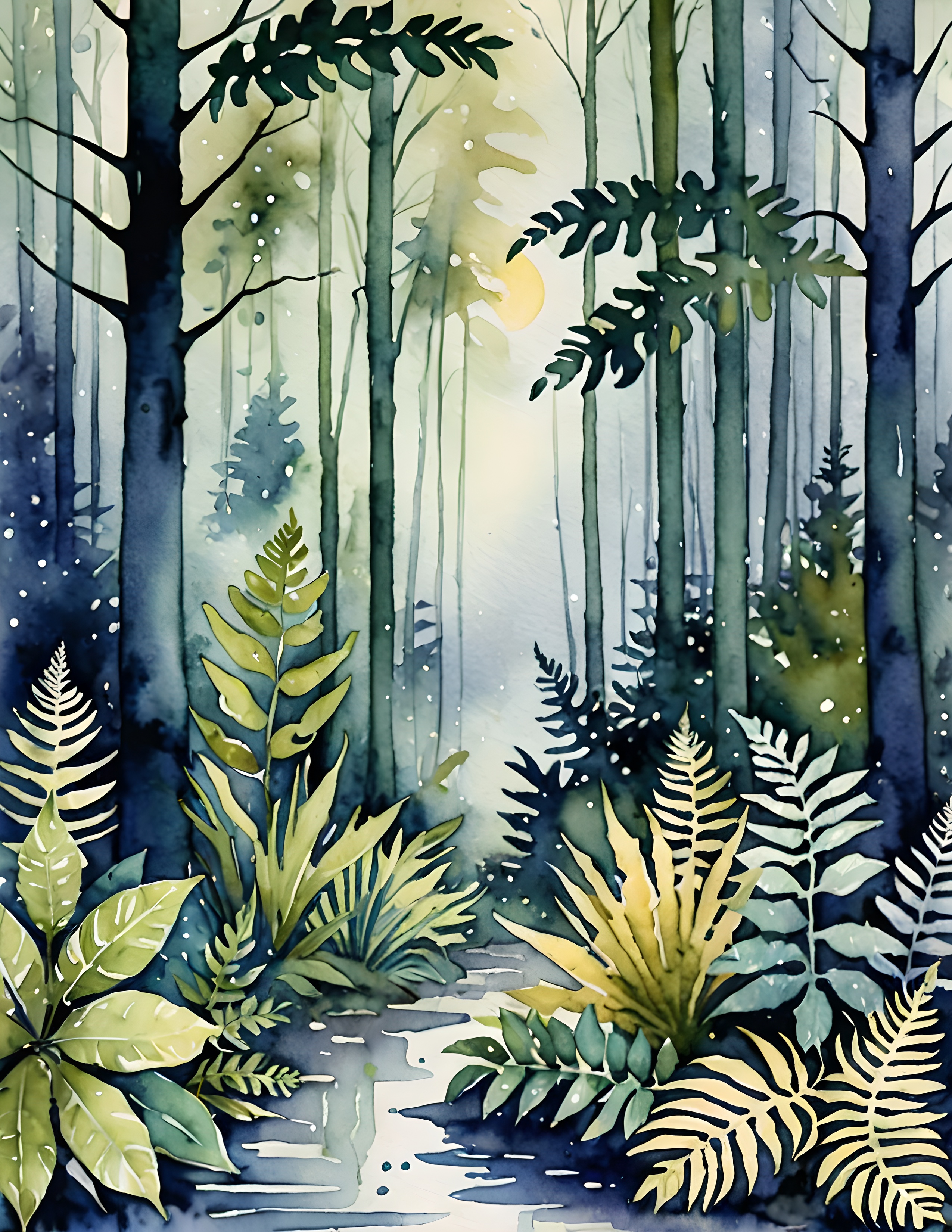 Moon Forest watercolor customer page with layered ferns and moonlit trees