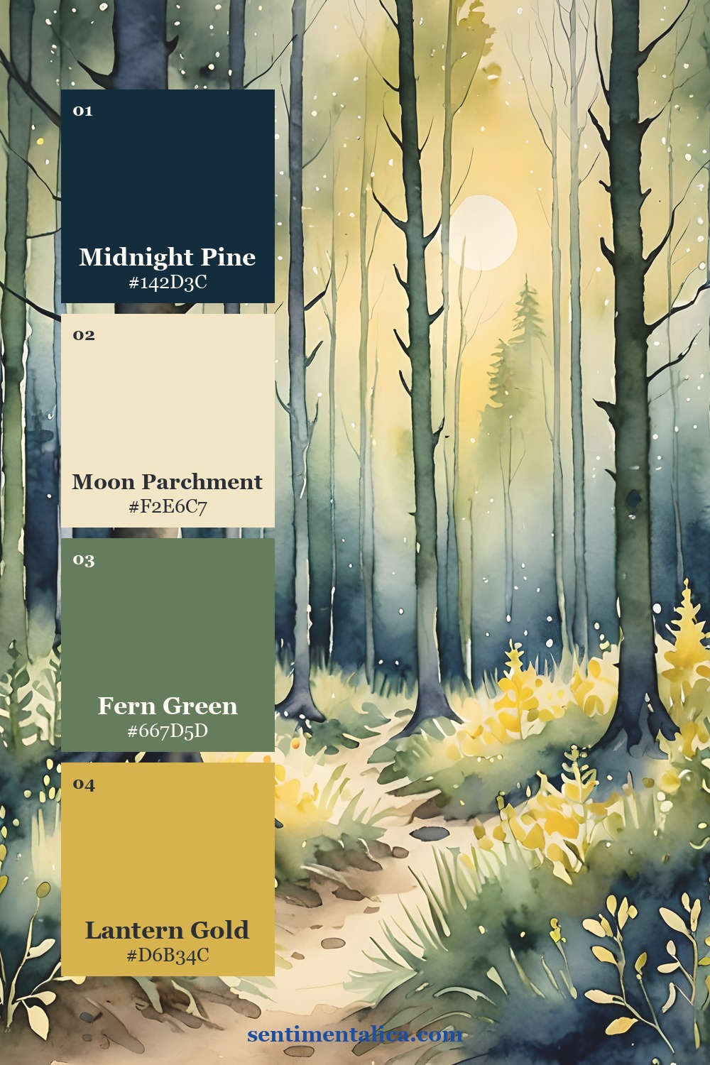 Moon Forest watercolor path with Midnight Pine, Moon Parchment, Fern Green, and Lantern Gold swatches