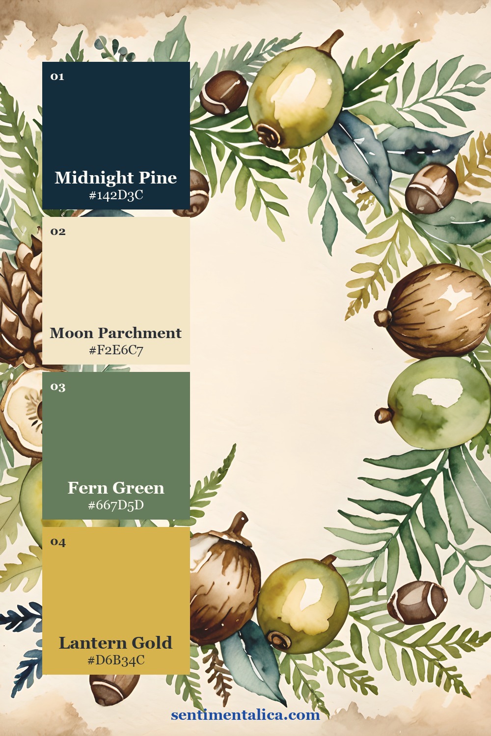 Moon Forest acorn and fern watercolor page with a coordinated four-color palette