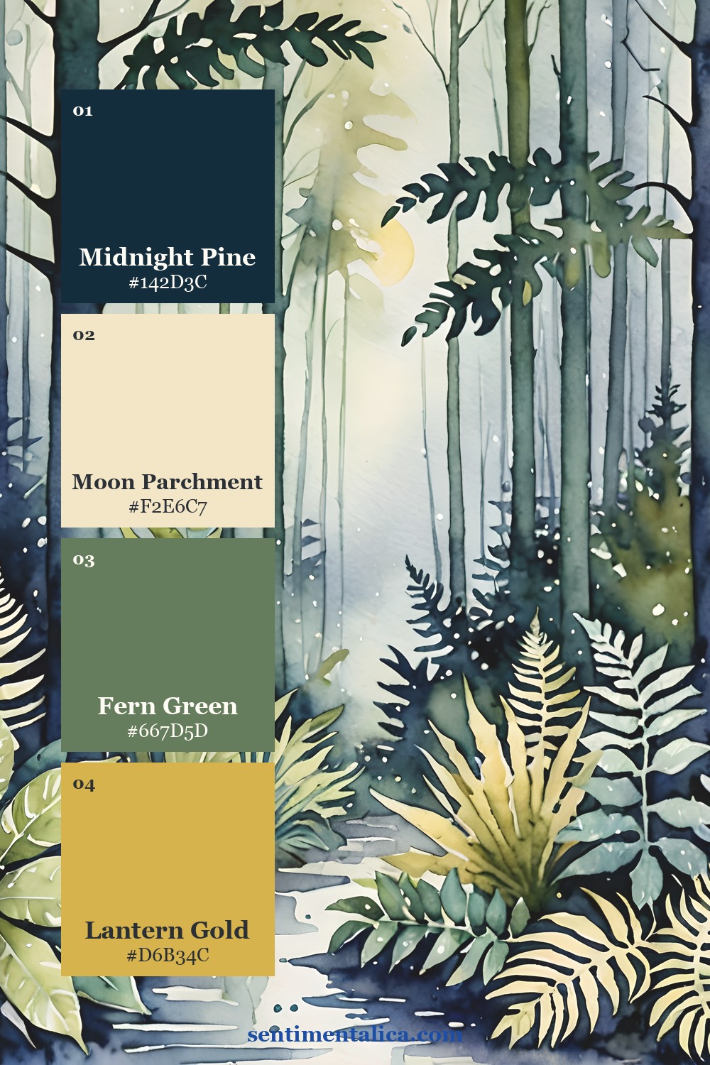 Moon Forest fern landscape with Midnight Pine, Moon Parchment, Fern Green, and Lantern Gold swatches