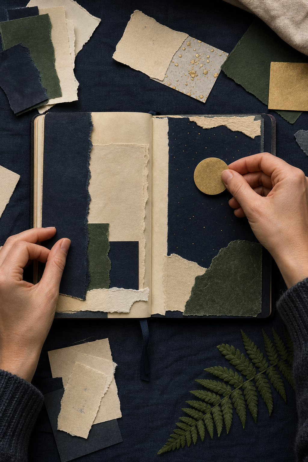 Hands arranging midnight blue, parchment, fern green, and gold papers in a moonlit journal spread