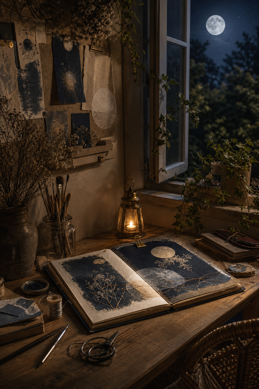 Moonlit handmade journal spread on an evening craft desk