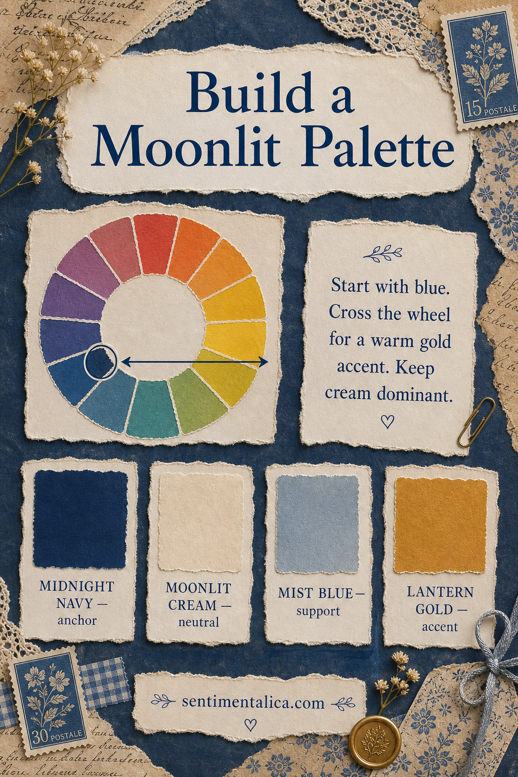 Full color wheel and four-step moonlit journal palette infographic