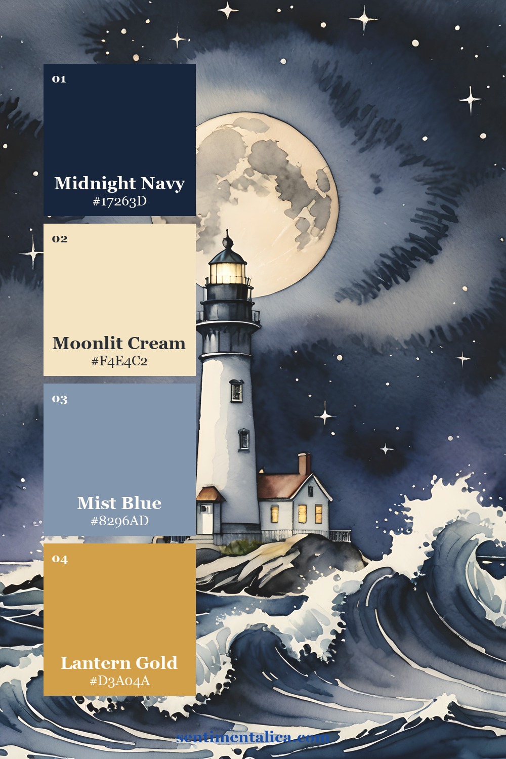 Moon Glow lighthouse page with navy cream mist blue and gold palette