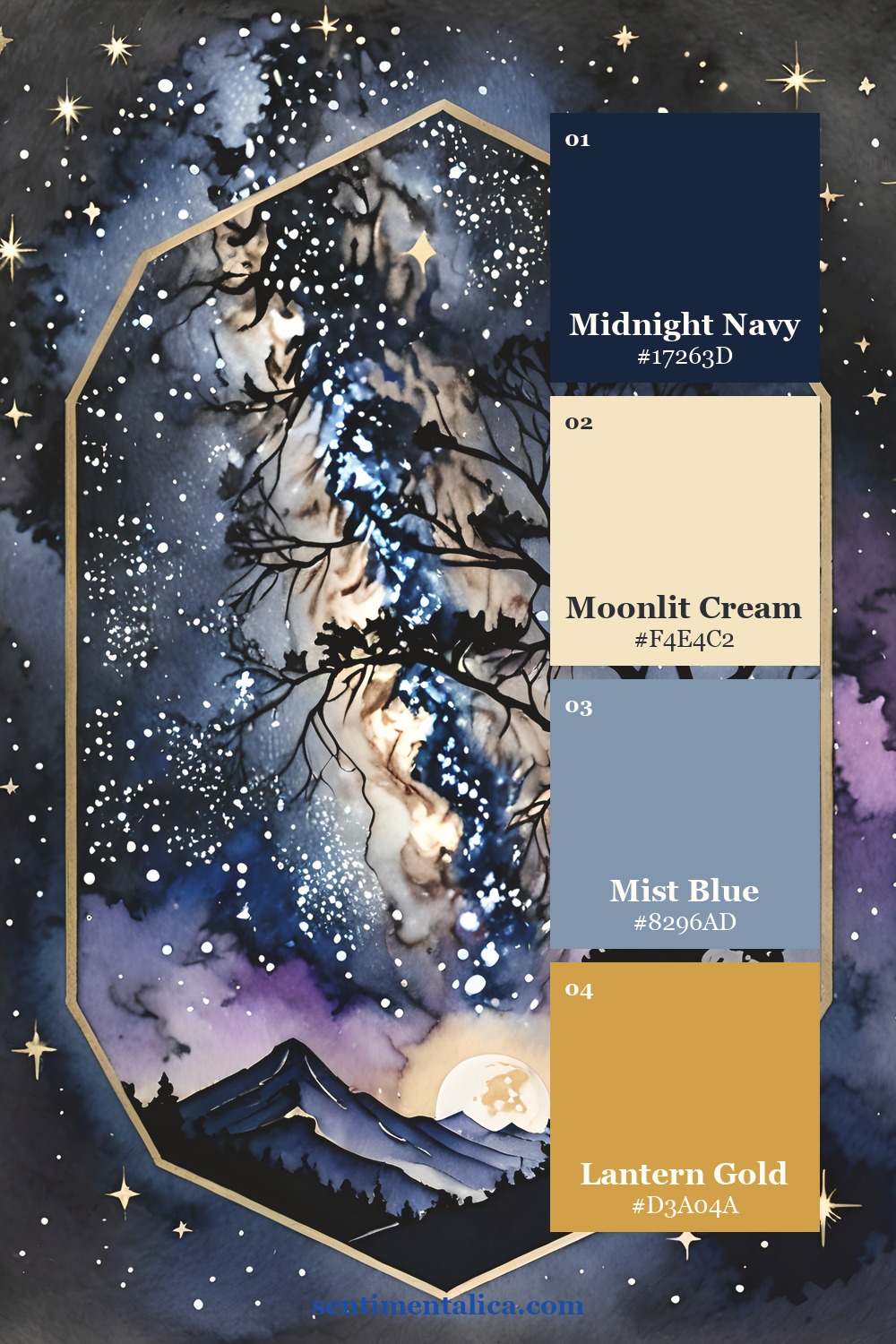 Moon Glow starry framed landscape with curated four-color palette