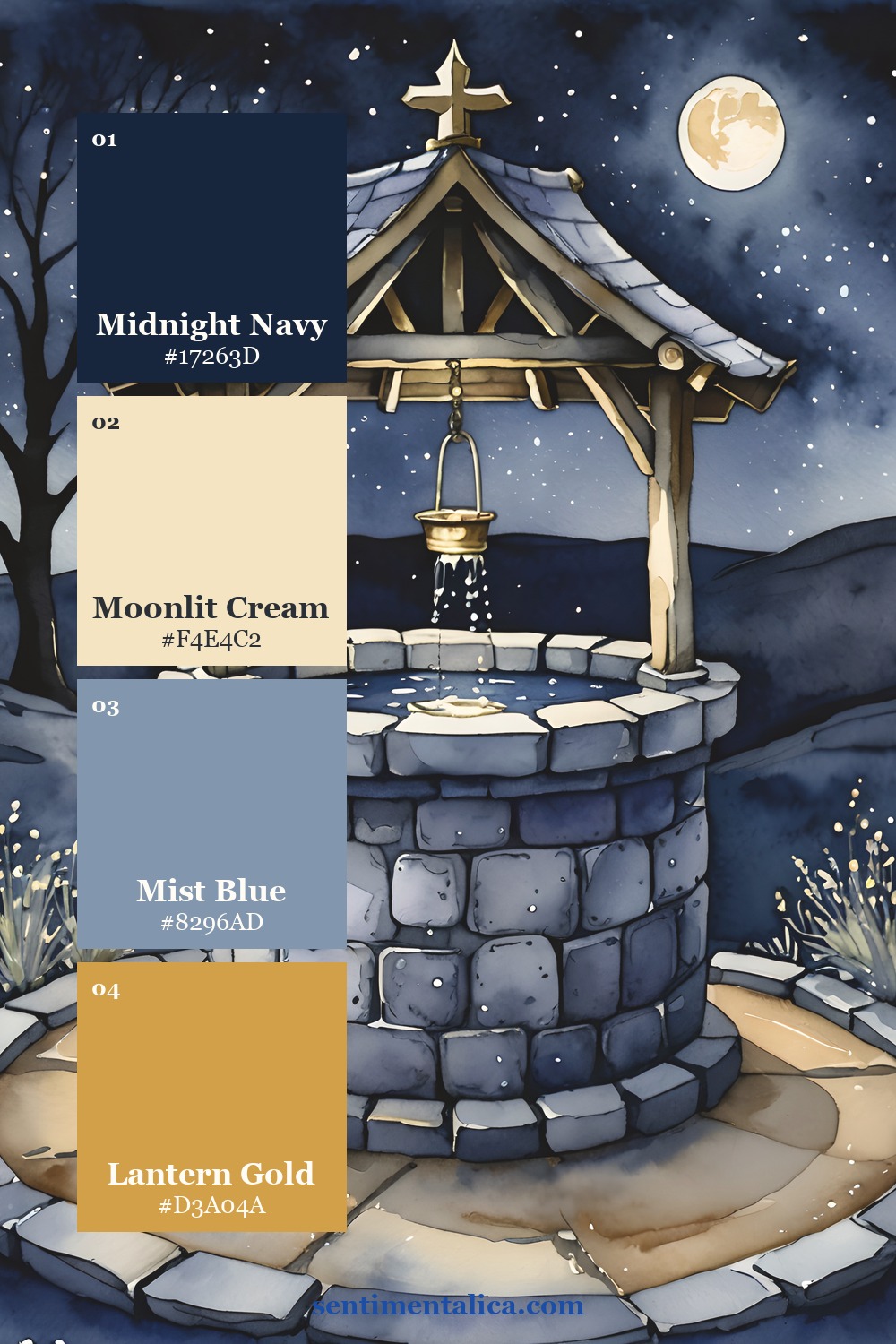 Moon Glow night well page with navy cream blue and gold swatches