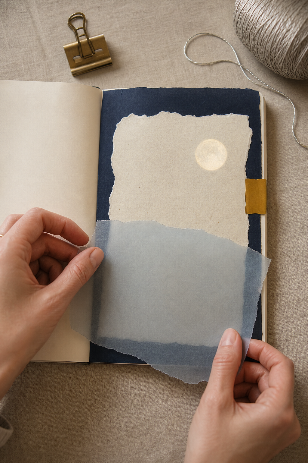 Hands layering navy cream mist blue vellum and a gold tab