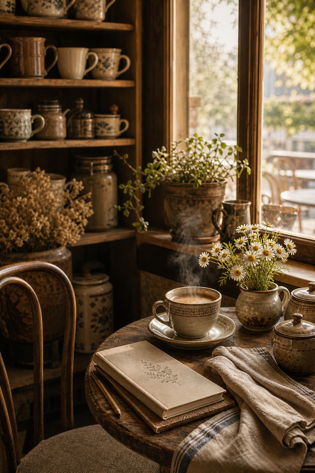 Cozy vintage cafe corner with coffee cup and warm morning light