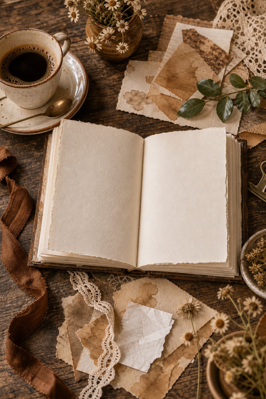 Morning Brew journal process scene with blank cream pages and coffee-stained paper