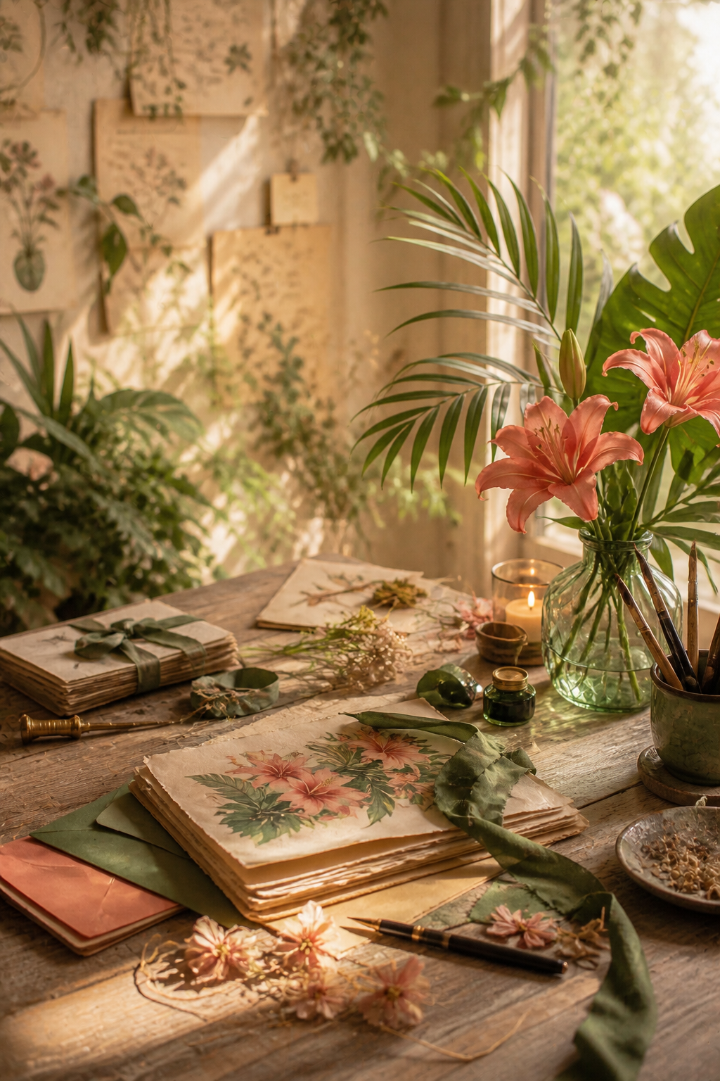Tropical botanical journaling workspace with coral lilies, rainforest foliage, cream paper, and sage ribbon