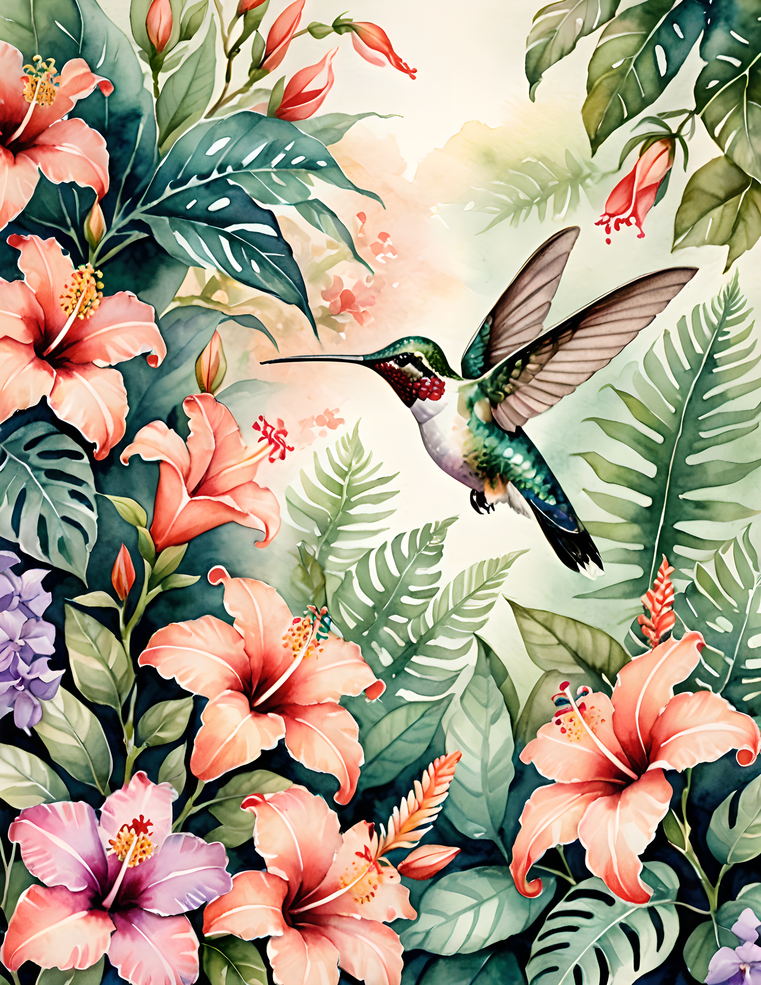Authentic Nectar Bloom hummingbird and hibiscus watercolor page