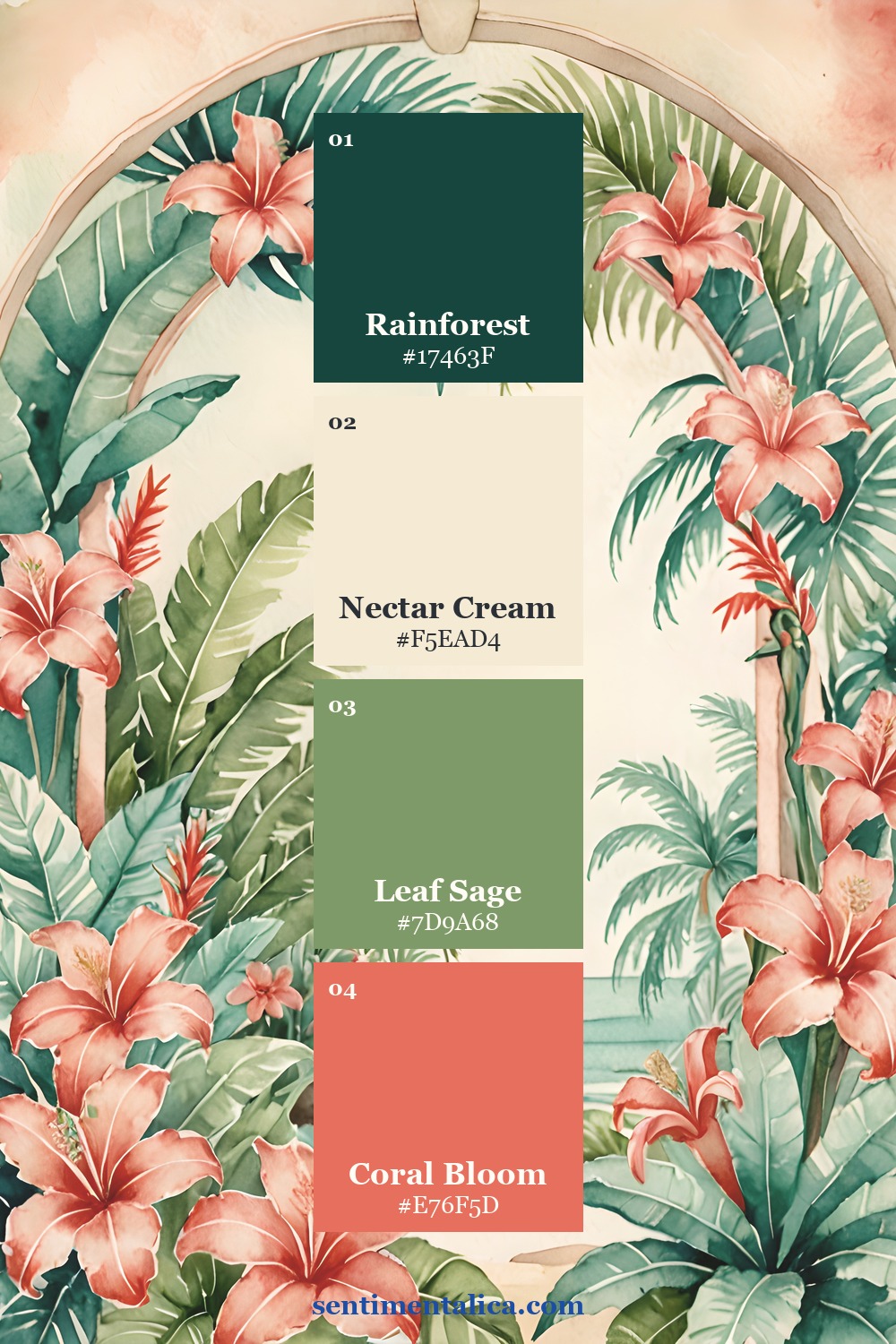 Nectar Bloom tropical arch watercolor page with rainforest, cream, sage, and coral palette swatches