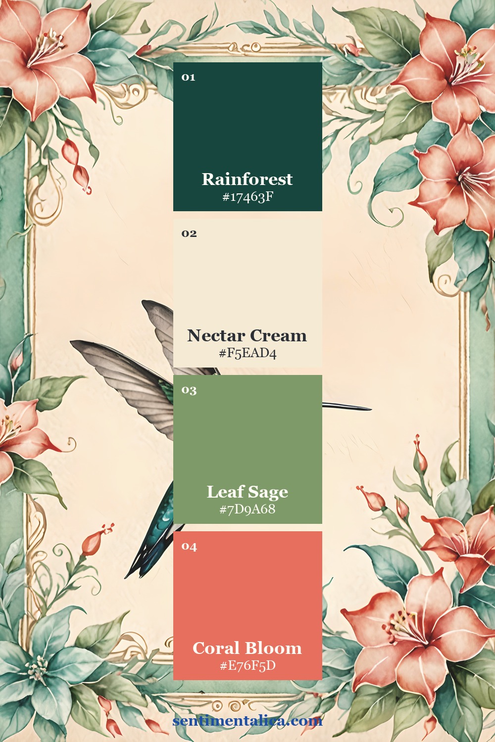 Nectar Bloom botanical watercolor page with four tropical palette swatches