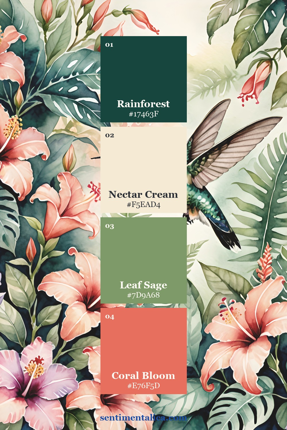 Nectar Bloom hummingbird and hibiscus watercolor page with a coordinated tropical palette