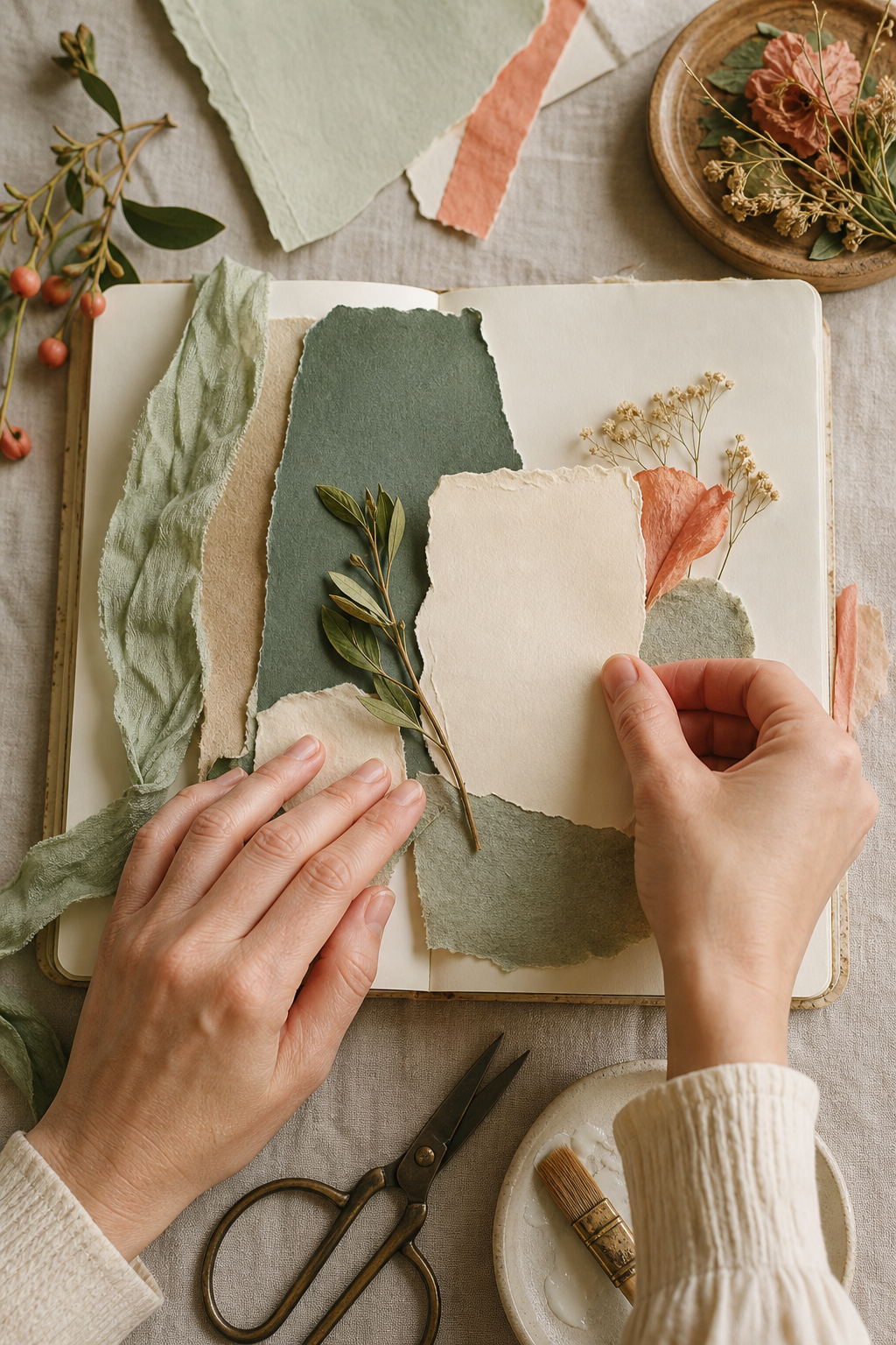 Hands arranging rainforest green, sage, coral, cream paper, and botanicals in an open journal