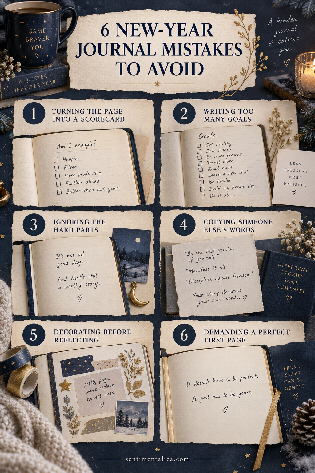 Visual guide to 6 new-year journal mistakes that add pressure